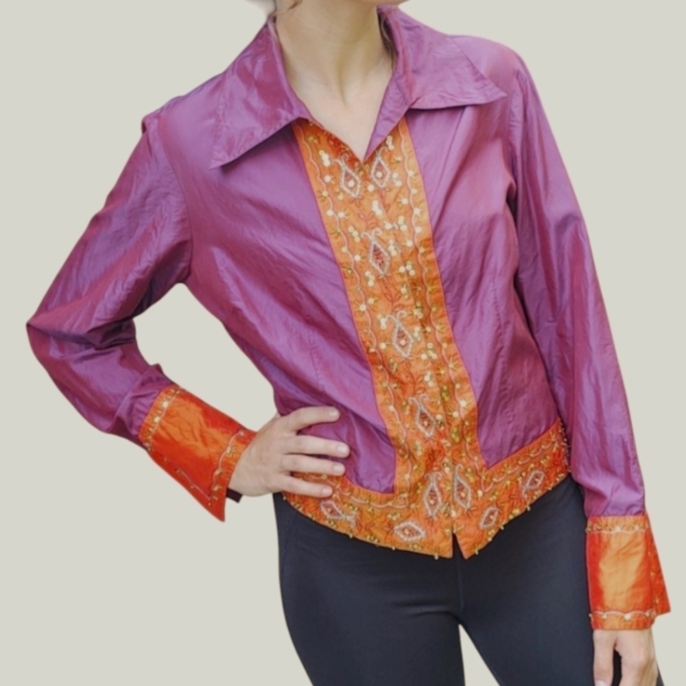 COLDWATER CREEK Women 100% Silk Cropped Blouse Embroidered Sequined